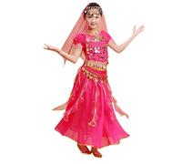 Déguisement Bollywood Enfant Fille Costume Danse Orientale Ensemble Classique Indienne Sari Robe avec Ceinture Franges, Tenue de Danseuse pour Spectacle Compétition Carnaval, 5 Pièces