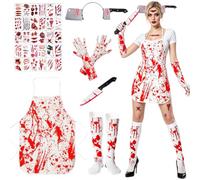 Déguisement Boucher Halloween Costume Accessoires Set avec Tablier Sanglant | Halloween Deguisement avec Sanglant Gants 30 Autocollants Boucher Costume Déguisement Accessoires Set pour Carnaval Halloween