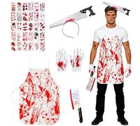 Déguisement Boucher Halloween Costume Accessoires Set avec Tablier Sanglant | Halloween Deguisement avec Sanglant Gants 30 Autocollants Boucher Costume Déguisement Accessoire Set pour Halloween Carnaval