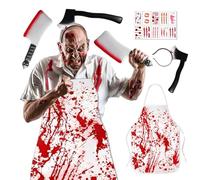 Déguisement Boucher Halloween,Deguisement Boucher Halloween Homme,avec Halloween Tablier Sanglant,Serre Tete Couteau,Couteau Halloween,Tatouages Halloween Cicatrices,Costume Halloween Boucher Femme
