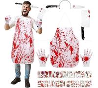 Déguisement Boucher Halloween Homme Femme,Costume Carnaval Homme avec Gants,Couteau Sang,Serre Tete de Couteau,Tablier Boucher et 30 Tatouages Autocollants pour Déguisement Carnaval Cosplay Fête