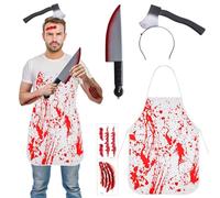 Déguisement Boucher Halloween,tablier halloween,Costume Boucher Halloween avec Tablier Sanglant,Halloween Tablier Sanglant,Halloween Tablier de boucher,couteau,bandeau,costume de fête d'Halloween (B)