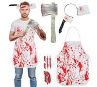 Déguisement Boucher Halloween,tablier halloween,Costume Boucher Halloween avec Tablier Sanglant,Halloween Tablier Sanglant,Halloween Tablier de boucher,couteau,bandeau,costume de fête d'Halloween (A)