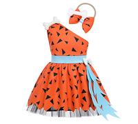 Déguisement Cailloux Pierrafeu Bébé Fille Pebbles Flintstones Cavernes de l'âge de Pierre Historique Halloween Cosplay Fantaisie Ensemble de Bandeau à Nœud Papillon en Os avec Robe Orange 18-24 Mois