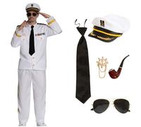Déguisement Capitaine Homme - Partyxclusive - Blanc - Tenue Complète avec Casquette Lunettes Cravate Accessoires M