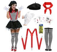 Deguisement Carnaval Costume Mime Femme - Déguisement Clown Cirque Femme, 10pcs Cosplay Costume Pantomime avec Béret, Bretelles, Gants, Kit Tatouage pour Femme et Homme Carnaval et Fêtes Horreur