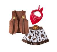 Déguisement Carnaval Enfant,Deguisement Cowboy Enfant, Ensemble 4 pièces avec Chapeau, Gilet à franges, Pantalon de cowboy et Bandana rouge, Costume Complet Garçons pour Carnaval, Cosplay Marron 150