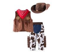 Deguisement Carnaval Enfant,Deguisement Cowboy Enfant, Ensemble 4 pièces avec Chapeau, Gilet à franges, Pantalon de cowboy et Bandana rouge, Costume Complet Garçons pour Carnaval, Cosplay Coffee 70