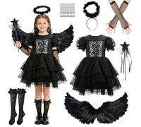 Déguisement Carnaval Fille 3-9 Ans, Deguisement de Costume Ange et Diable pour Enfant avec Ailes d'ange Noires, Auréole et Baguette Magique pour Halloween, Carnaval et Fêtes Costumées (M(5 à 7 Ans))
