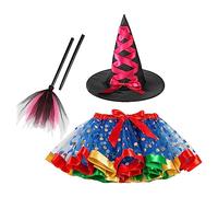 Deguisement Carnaval Fille Kit Sorcière 3 Pièces, Ensemble Jupe Chapeau Baguette, Costume Halloween Enfant Magique, Tenue Fête Spectacle(Blue, 2-4 Years)