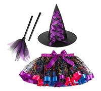 Deguisement Carnaval Fille Kit Sorcière 3 Pièces, Ensemble Jupe Chapeau Baguette, Costume Halloween Enfant Magique, Tenue Fête Spectacle(Purple, 4-6 Years)