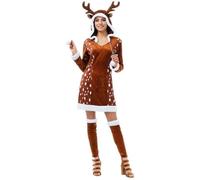 Chaks - Costume de chevreuil pour femme, robe à capuche, bois et oreilles | Ensemble 2 pièces, robe et jambières, aspect velours, carnaval et cosplay, fête de Noël, déguisement d'animal