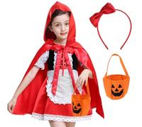 Déguisement Chaperon Rouge Enfant 130, Costume Chaperon Rouge Fille, Deguisement Halloween Enfant avec Robe Rouge Cape Tablier Bandeau et Sac Citrouille, pour Halloween Carnaval Jeu de Rôle