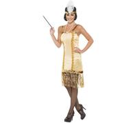 Déguisement Charleston Adulte - Robe Dorée à Franges et Paillettes - Fines Bretelles - Taille 40/42
