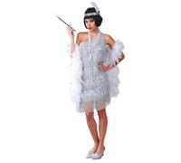 FIESTAS GUIRCA Déguisement Charleston Argent pour Femme - Robe Gatsby Années 20 avec Bandeau Plumes - Costume Charleston Femme Taille XL 46-48