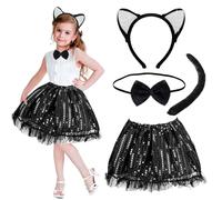 Deguisement Chat Enfant 4 Pièces, Déguisement Animaux Fille Cosplay Set Carnaval Costume Chat Noir Miraculous Tutu, Décoration de Fête Enfant Oreille Noeud Papillon Queue Le Jeu de Rôle