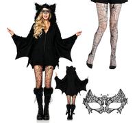 Déguisement Chauve-Souris Femme | Cape avec Ailes, Masque Dentelle & Bas | Cape Vampire Noire avec Ailes de Chauve-Souris | Idéal pour Halloween, Carnaval & Fêtes | Style Gothique & Confortable