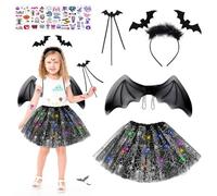 Déguisement Chauve-Souris Fille, 9Pcs Halloween Deguisement Chauve Souris avec Diadème, Ailes, Baguette Magique, LED Tutu, Autocollants Fluorescents, pour la Soirée du Carnaval d'Halloween (Noir)
