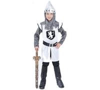 DEGUISE TOI - Déguisement chevalier médiéval croisé garcon - Tunique - Coiffe - Ceinture - Sur-bottes - L 10-12 ans (130-140 cm) - Blanc - Déguisements enfants - 100% Polyester - A la main -
