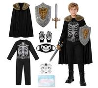 Déguisement Chevalier Squelette Enfant, Costume Halloween et Épée Cape | Combinaison Squelette, Épée et Bouclier, Cape, Masque Tête, Costume Chevalier L'horreur pour Halloween, Carnaval, Cosplay