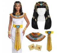Déguisement Cléopatra de la reine du Nil pour femme comprenant perruque - robe en velours blanc + col coloré + ceinture jaune dorée + bandeau + brassards + perruque égyptienne noire