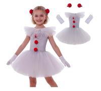 Déguisement Clown Fille Costume Tutu Robe Carnaval Halloween Cirque Enfant | Ensemble jupe tulle, gants satin blancs, pinces cheveux pompons rouges, accessoires carnaval fêtes thème cirque spectacle
