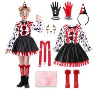 Déguisement Clown pour Fille, Halloween Costume Enfant Clown Tueur avec Chapeau, Gants, Chaussettes, Bretelles, Stickers Maquillage, Fille Costume de Effrayant pour Halloween Carnaval Cosplay (XL)