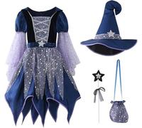 Déguisement Complet Sorcière | Tenue Enfant Unisexe ， Kit avec Jupe, Chapeau Pointu, Sac à Main et Accessoires，Halloween, carnaval, fête d'anniversaire à thème, spectacle à l'école, jeu de rôle.