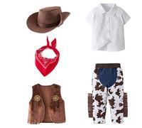 Deguisement Costume de Cowboy avec Bandana, Gilet et Chapeau pour Bebe Enfant Garçons, Brun Bébé Garçons Cowboy Barboteuse Carnaval Tenues Western Combinaison Vêtements Ensemble Marron Carnaval