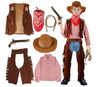 Déguisement Cowboy Enfant, 7 Pièces Western Cowboy Costume Accessoires Enfants avec Cowboy Chapeau Vest Chemise Pantalon Bandana Jouet Pistolets pour Carnival Halloween Party Cosplay Dress Up