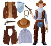Déguisement Cowboy Enfant, 7 Pièces Western Cowboy Costume Accessoires Enfants avec Cowboy Chapeau Vest Chemise Pantalon Bandana Jouet Pistolets pour Carnival Halloween Party Cosplay Dress Up