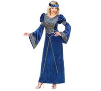 Déguisement - Dame Renaissance - Robe bleue à motifs dorés - Coiffe assortie - Taille L M