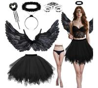 Déguisement d'ange noir pour femmes Moizkna, ensemble de 6 costumes d'ange d'Halloween avec ailes d'ange noires 80C, auréole, jupe en tulle, baguette magique, collant, costume d'ange et de diable pour