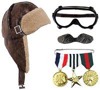 Déguisement d'aviateur des années 1940 avec médailles de guerre et moustache grise et lunettes de pilote pour adultes - Chapeau d'aviateur marron