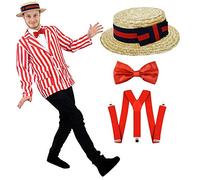 Déguisement de barbier Edwardien des années 1920 pour adulte - Blazer rayé rouge et blanc + canotier + nœud papillon rouge + bretelles rouges - Parfait pour la journée mondiale du livre (Grand)