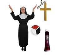 Déguisement de bonne sœur zombie pour adulte avec la robe noire à collerette blanche et sa coiffe + une croix + du maquillage + du faux sang. Ideal pour les fêtes d'Halloween. ( Small )