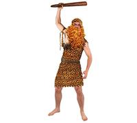 Déguisement de caverne avec caverne gonflable pour homme des cavernes avec tunique imprimé léopard + bandeau + brassard, perruque marron avec barbe (taille M)