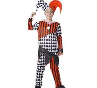 Déguisement de clown horreur pour enfant, arlequin à carreaux et rayures, noir rouge, Halloween, carnaval, cosplay, fête scolaire, théâtre défilé, col volant et bonnet (Mono Gon, bonnet 7-9)