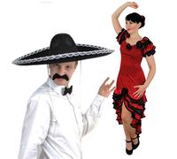 Déguisement de couple Espagnol avec un large sombrero noir + une moustache + un nœud papillon et une robe de Rumba rouge et noire pour adulte. Idéal pour les enterrements de vie de garçon ou de jeune fille. ( Medium )