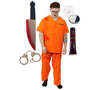 DÉGUISEMENT DE CRIMINEL DE ZOMBIE D'HALLOWEEN POUR ADULTES. T-SHIRT ET PANTALON PRISONNIER ORANGE + COUTEAU + SANG + MENOTTES + MAQUILLAGE. PRISONNIER ÉVADÉ TUEUR EN SÉRIE D'HORREUR (X-GRAND)