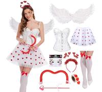 Déguisement de Cupidon Femme, 9 PCS Costume d'ange Eros pour Femme avec Ailes en Plumes, Ensemble de Flèche et d'arc Cupidon, Corset, Jupe tutu Valentin Cupidon Accessoire Cosplay Party (2XL)