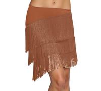 Déguisement de danse du ventre pour femme Jupe de danse latine Salsa-Tango avec franges et pompons Jupe de danse irrégulière à quatre couches avec pompons, Café, XXXXL