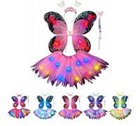 Déguisement de fée lumineux pour fille avec ailes de papillon LED et jupe en tulle, baguette magique, couronne de fleurs, oreilles d'elfe. Ensemble pour enfant de 4 pièces pour carnaval, Halloween