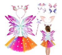 Déguisement De Fée Lumineux Pour Filles, Comprenant Des Ailes De Fée Led | Jupe En Tulle, Oreilles d'Elfe, Couronne De Fleurs, Baguette Magique Et 2 Tatouages Éphémères, Pour Carnaval, Halloween