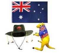 Déguisement de fête australienne - Grand drapeau australien de 1,5 x 0,9 m, chapeau en liège koala et kangourou gonflable avec cape - Kit de décoration 3 pièces pour les vacances nationales et les