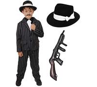 Déguisement de gangster des années 1920 pour enfant - Combinaison noire + cravate blanche + chapeau triple noir + pistolet Tommy gonflable - Garçons (10-12 ans)