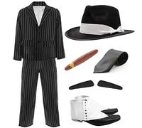 Déguisement de gangster des années 1920 pour homme - Veste et pantalon rayés noir et blanc + cravate noire + chapeau trilby noir avec bande en satin blanc + pistolet gonflable + moustache (XX-Grand)