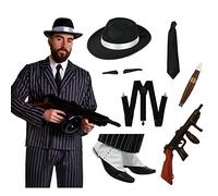 Déguisement de gangster pinstripe de luxe en 10 accessoires avec une veste à rayures + un pantalon taille élastique assorti + un chapeau + une cravate noire + des bretelles + des guêtres + un cigare + une arme gonflable + (X2) fine moustache adhésive pour adulte. Ideal pour les enterrements de vie de garçon. ( XXLarge )