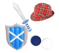Déguisement de guerrier des Highlands écossais - Kit d'accessoires 5 pièces avec chapeau trilby tartan rouge, épée et bouclier gonflables et peinture bleue et blanche pour le visage - Parfait pour les