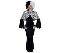 Déguisement de la célèbre femme cruelle aux Dalmatiens avec une robe noire + une cape couvrant les épaules + une perruque coupe carrée pour adulte. Fêtes d'Halloween idéales. ( XXXLarge)